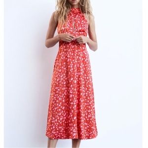 ZARA Red and Pink Floral Satin Halter Midi Dress